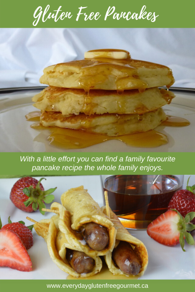 A stack of three Gluten Free Yogurt Pancakes on a white plate with butter on top and syrup dripping all around them.