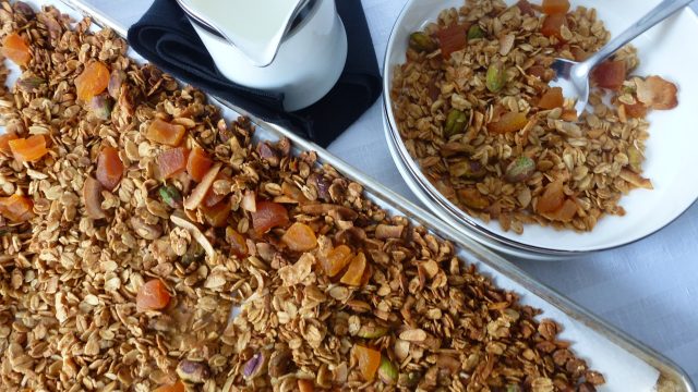 Gluten Free Pistachio Apricot Granola out of the oven and ready to serve.