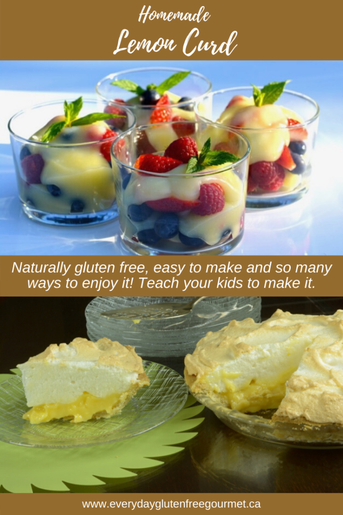 Four dishes of Lemon Curd served on berries and a cut Lemon Meringue Pie.