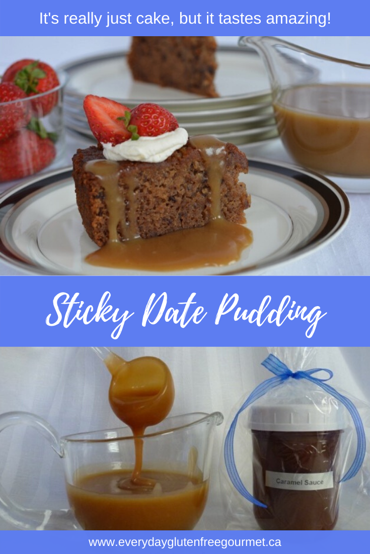 Sticky Date Pudding with caramel sauce, whipped cream and strawberries.