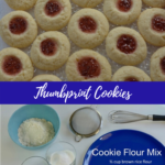 Gluten Free Thumbprint Cookies filled with raspberry jam and a second photo of the ingredients for this cookie flour blend.