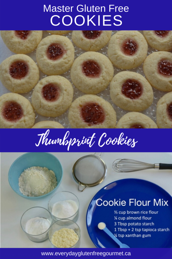 Gluten Free Thumbprint Cookies filled with raspberry jam and a second photo of the ingredients for this cookie flour blend.