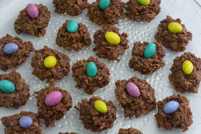Uncooked Dainties with a coloured m&m Easter eggs on top.