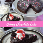 A heart shaped Quinoa Chocolate Cake with one piece on a plate topped with whipped cream and raspberry sauce.