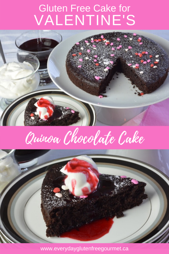A heart shaped Quinoa Chocolate Cake with one piece on a plate topped with whipped cream and raspberry sauce.