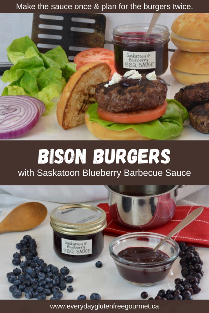 Grilled Bison Burgers with Saskatoon-Blueberry Barbecue Sauce and goat cheese, a taste sensation you don't want to miss.