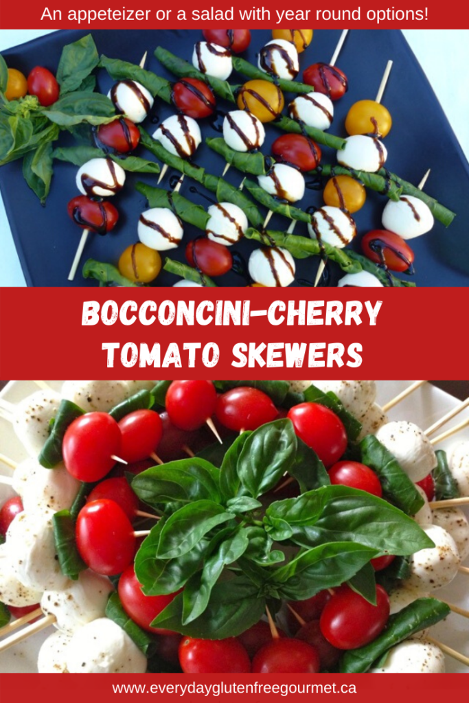 Bocconcini Cherry Tomato Skewers can be made year round. Serve it on a long skewer as a salad or on a toothpick for a pop-in-your-mouth hors' d'oeuvres. 