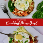 A Breakfast Power Bowl with cooked quinoa, sweet potato, spinach, avocado and tomatoes topped with a fried egg and hollandaise sauce.