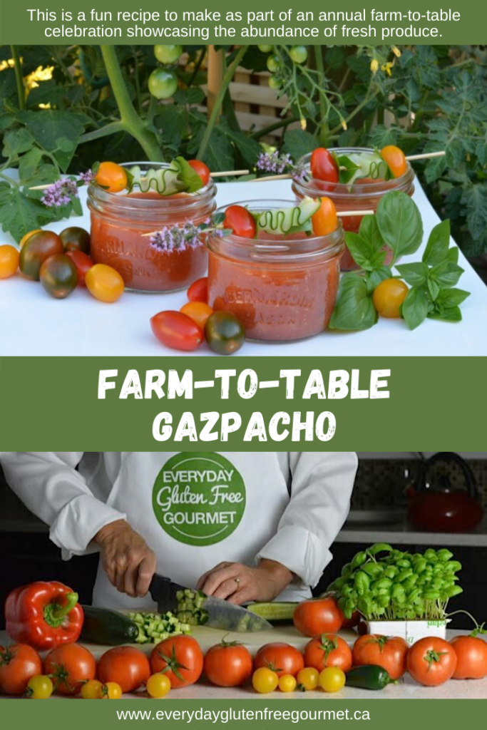 Farm to table Gazpacho is a perfect summer project. Visit a Farmers Market, buy fresh produce and do the chopping with a friend. Then enjoy the fruits of your labour together.
