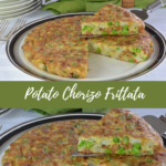 A whole Potato Chorizo Frittata with a wedge being served from it.