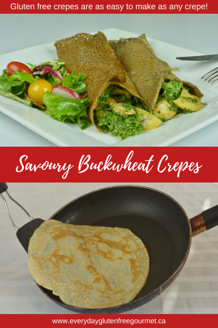 Two images; Savoury Buckwheat Crepes with spinach-mushroom filling and someone flipping a crepe in a saute pan.