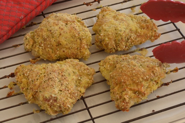 For this version of Sesame Baked Chicken I used cornmeal instead of the cornflake is delicious hot or cold. Served with potato salad it makes a perfect picnic.