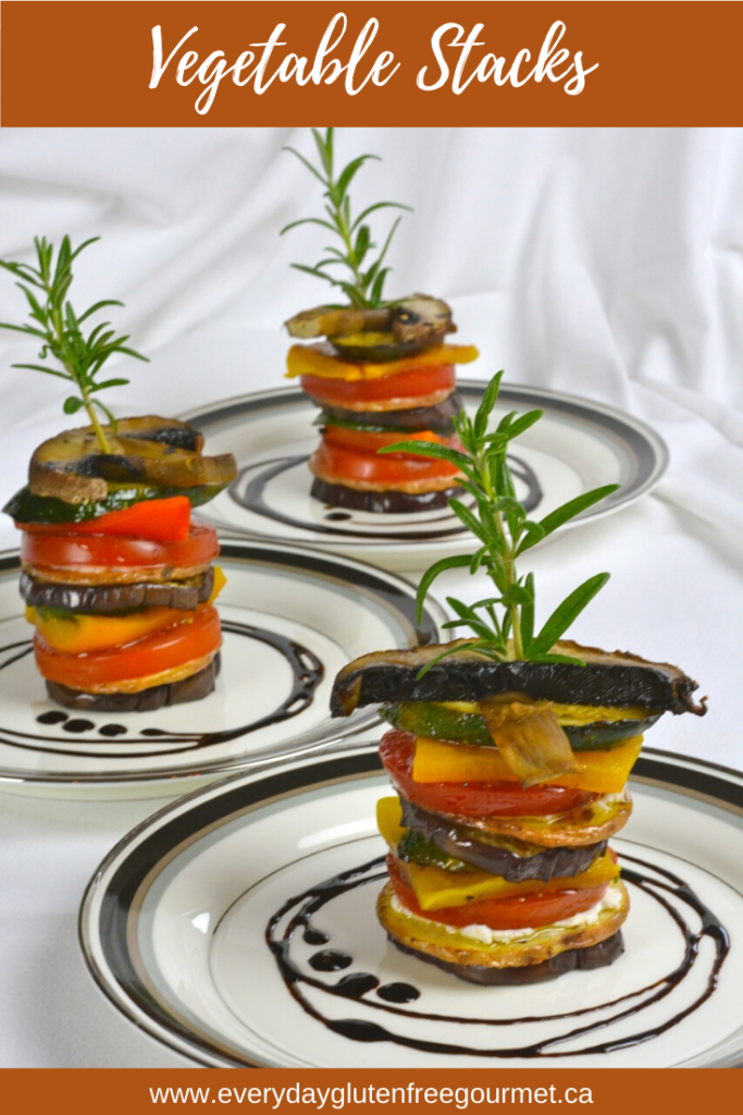 Vegetable Stacks are a gourmet touch for entertaining. Cut the vegetables in similar size pieces and finish each stack with a stem of fresh rosemary. 