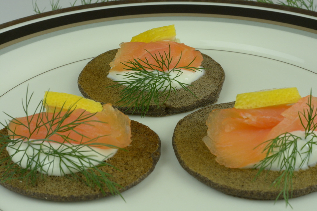 Buckwheat Blinis with smoked salmon, sour cream and dill.