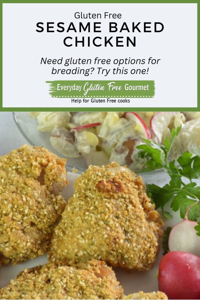 Three pieces of gluten free Sesame Baked Chicken with potato salad and radishes beside it.