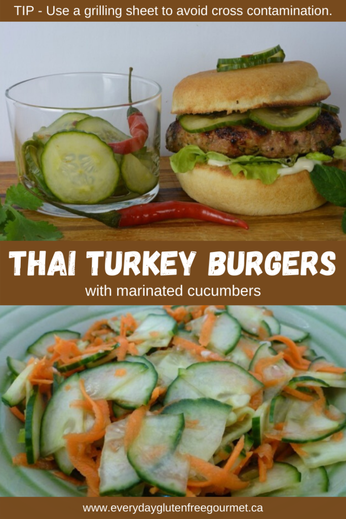 Thai Turkey Burgers are filled with fresh herbs and served with a delicious cucumber condiment.