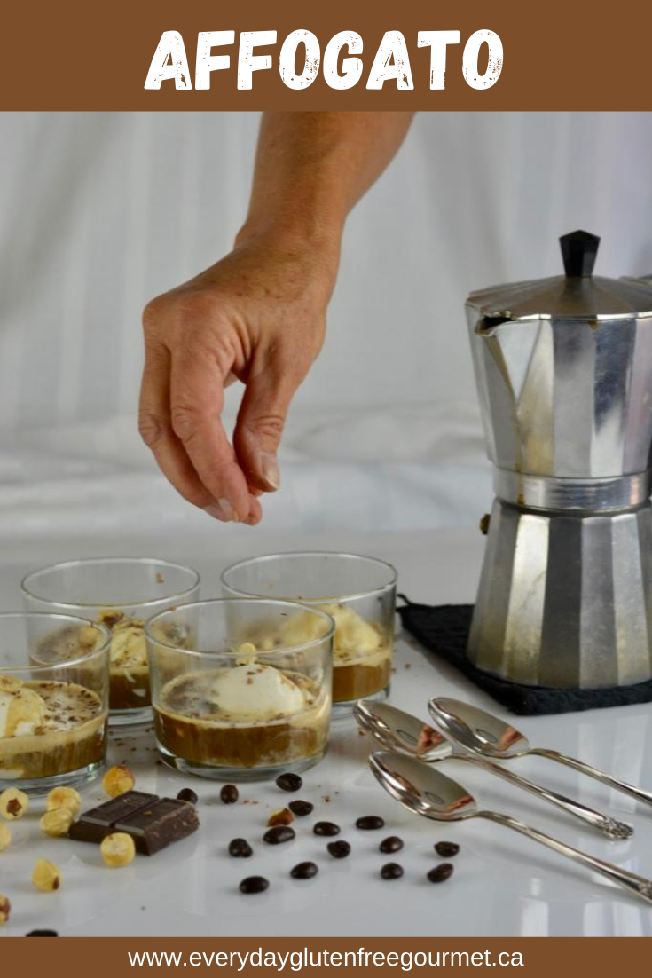 Grated chocolate and hazelnuts being sprinkled on cups with ice cream and espresso, Italian Affogato.