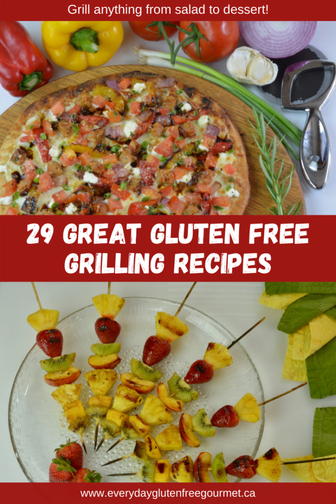A grilled vegetable pizza and grilled fruit kebabs from my list of 29 Great Gluten Free Grilling Recipes for summer.