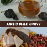 A gravy boat filled with gluten free Ancho Chile Gravy surrounded by poblano and ancho chiles.