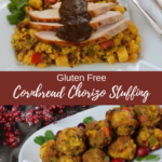 A plate of gluten free Cornbread Chorizo Stuffing covered with slices of turkey and gravy.