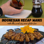 A jar of gluten free Kecap Manis, an Indonesian sweet soy sauce, and a platter of chicken satay.