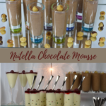 Nutella Chocolate Mousse served in shot glasses set on a mirror with more hazelnuts.