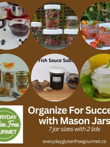 6 images of Mason jars filled with granola, salad, soup, dessert and two with sauces.