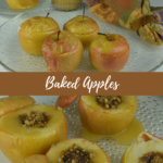 A tray of stuffed Baked Apples with Caramel Sauce drizzled on top.