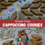 A tray of Cappuccino Cookies cut into diamonds surrounded by holiday sprinkles and candy canes.