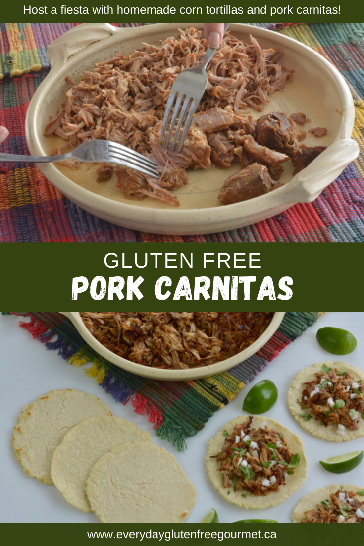 Top down of a dish of cooked pork being pulled with two forks plus an image of two tortillas topped with pork and lime wedges.