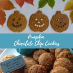 Pumpkin Chocolate Chip Cookies in the shape of Jack-o'-lanterns with chocolate chip eyes and mouths.