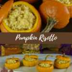 Two sizes of pumpkins filled with pumpkin risotto.