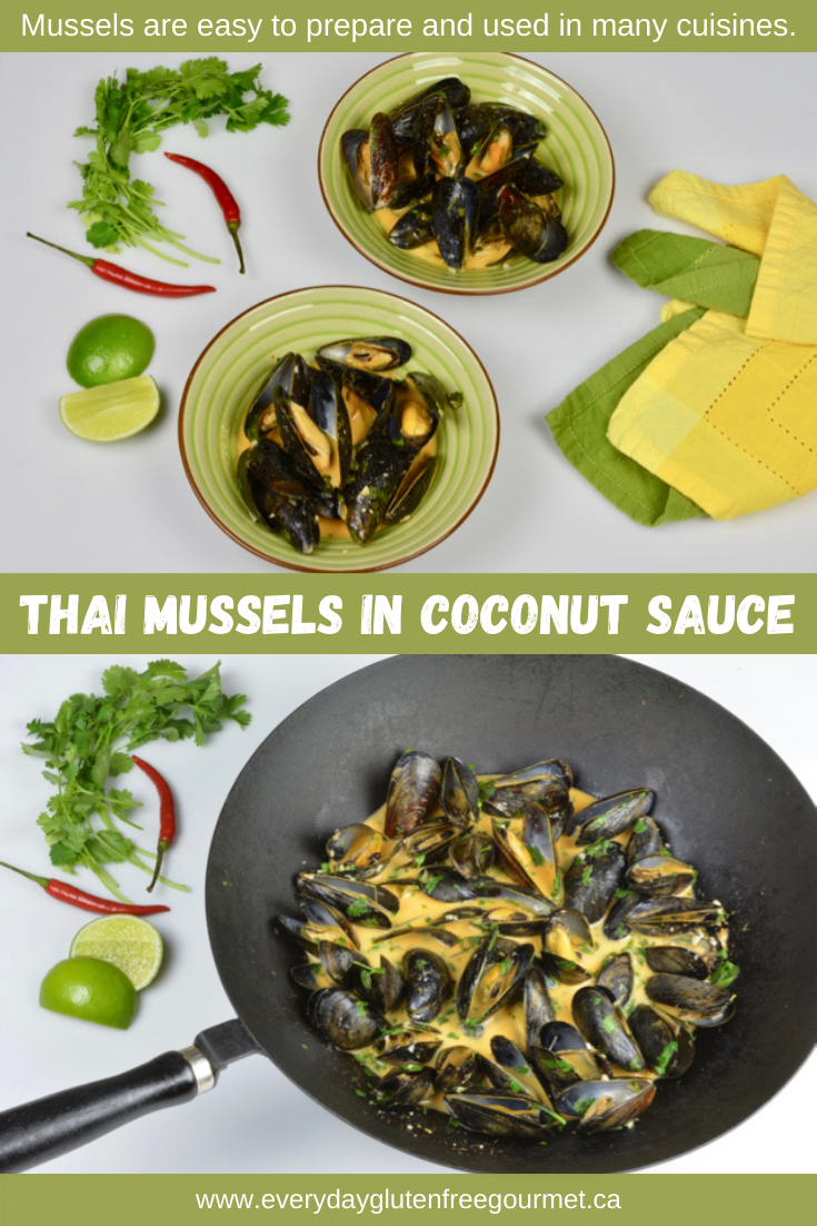 Two bowls of Thai Mussels in Coconut Curry Sauce and a wok full of the same.