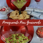 An oversized martini glass filled with Pomegranate Pear Guacamole and surrounded by tortilla chips.