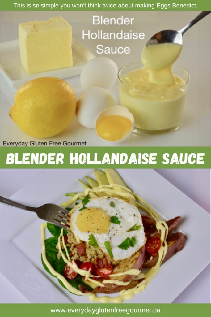 Blender Hollandaise Sauce and the ingredients to make it; lemon, egg yolk and butter.