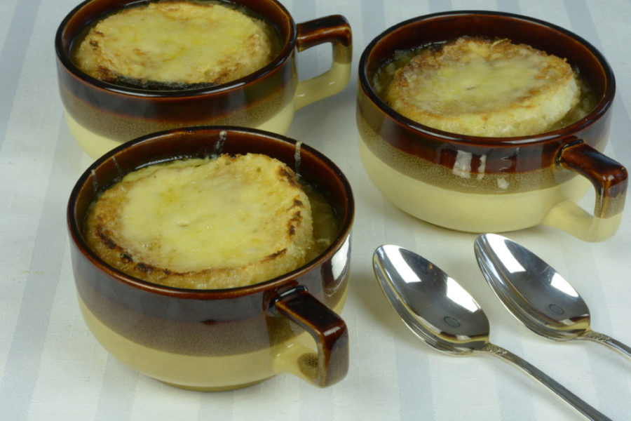 A classic French Onion Soup made by caramelizing onions and topped with imported Swiss cheese.