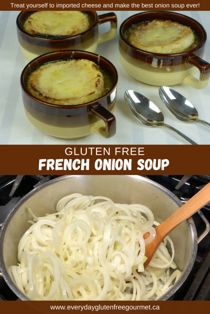 Bowls of French Onion Soup topped with a gluten free crouton and melted Swiss cheese