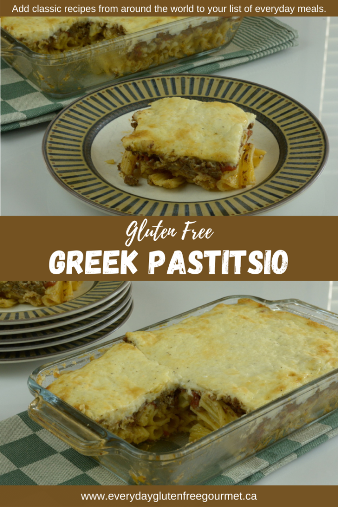 Greek Pastitsio, a baked pasta dish layered with meat sauce and white sauce.