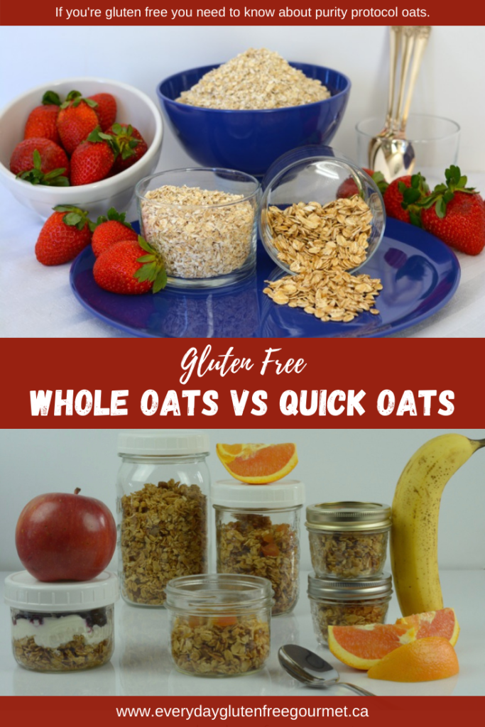 Gluten Free Whole Oats vs Quick Oats shown side by side with jars of homemade granola.