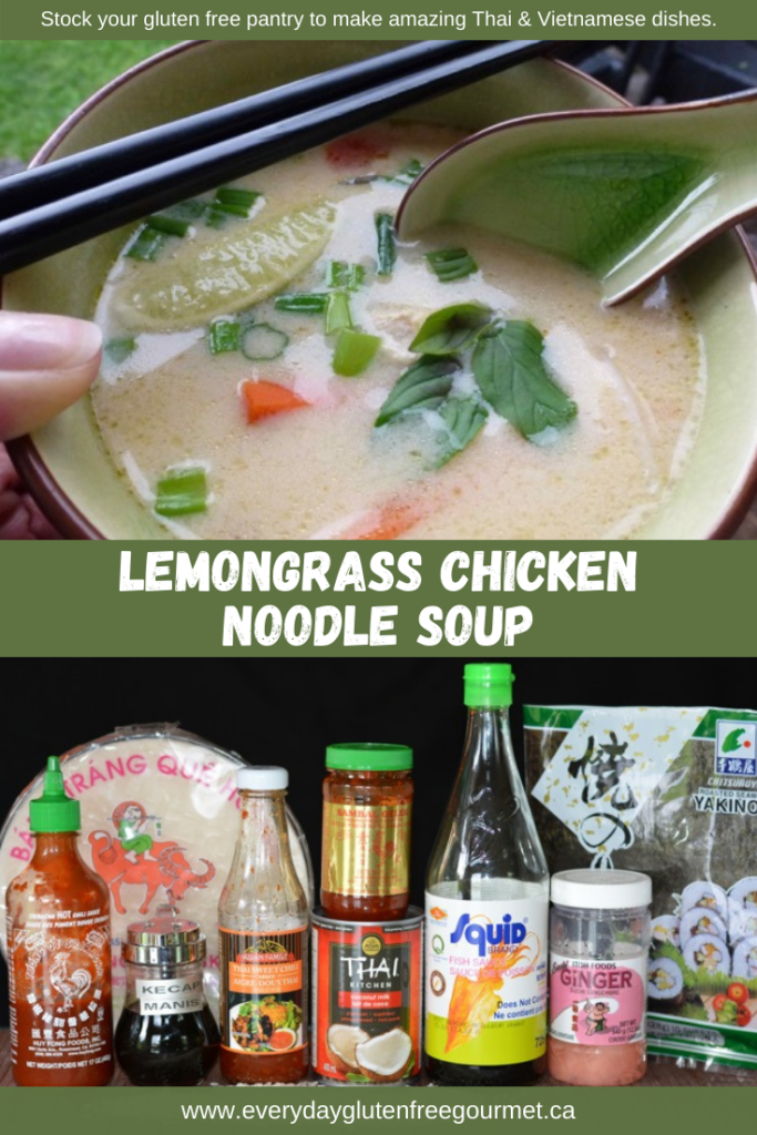 A bowl of Lemongrass Chicken Noodle Soup and some of the pantry ingredients to make it.