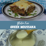 A piece of gluten free Moussaka with a turquoise napkin behind it.