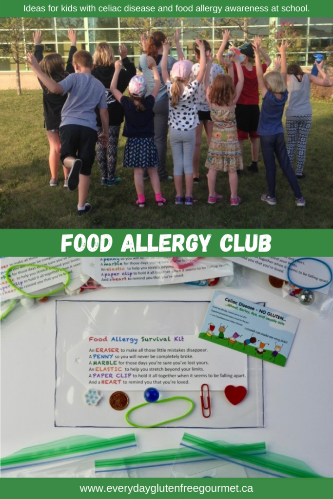 A Food Allergy Survival Kit for Food Allergy Club, an idea for celiac kids and those with food allergies to increase awareness at school.