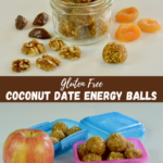 A jar of Coconut Date Energy Balls surrounded by dates, walnuts and dried apricots.