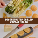 Someone spooning the dressing on grilled romaine lettuce surrounded by homemade gluten free croutons and Parmesan cheese wafers.
