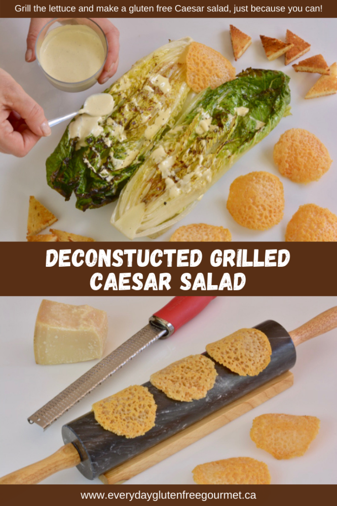 Deconstructed Grilled Caesar Salad with gluten free croutons and Parmesan cheese wafers.