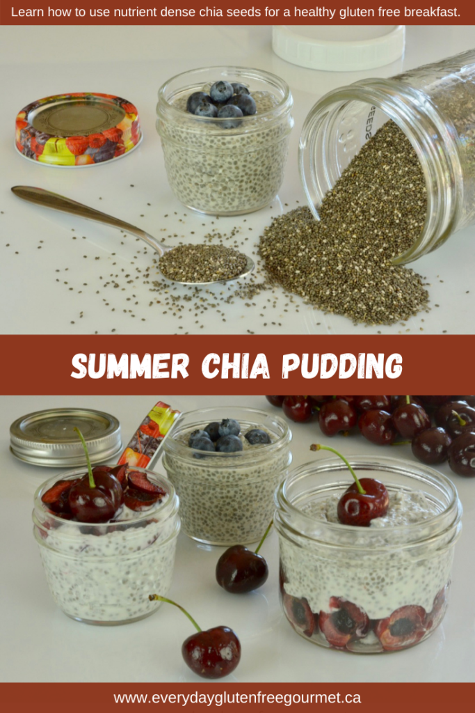 A jar of chia seeds beside a small jar of Chia Pudding with with yogurt and blueberries.