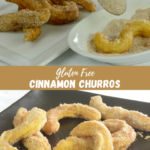 A plate of curved gluten free Cinnamon Churros dusted in sugar.