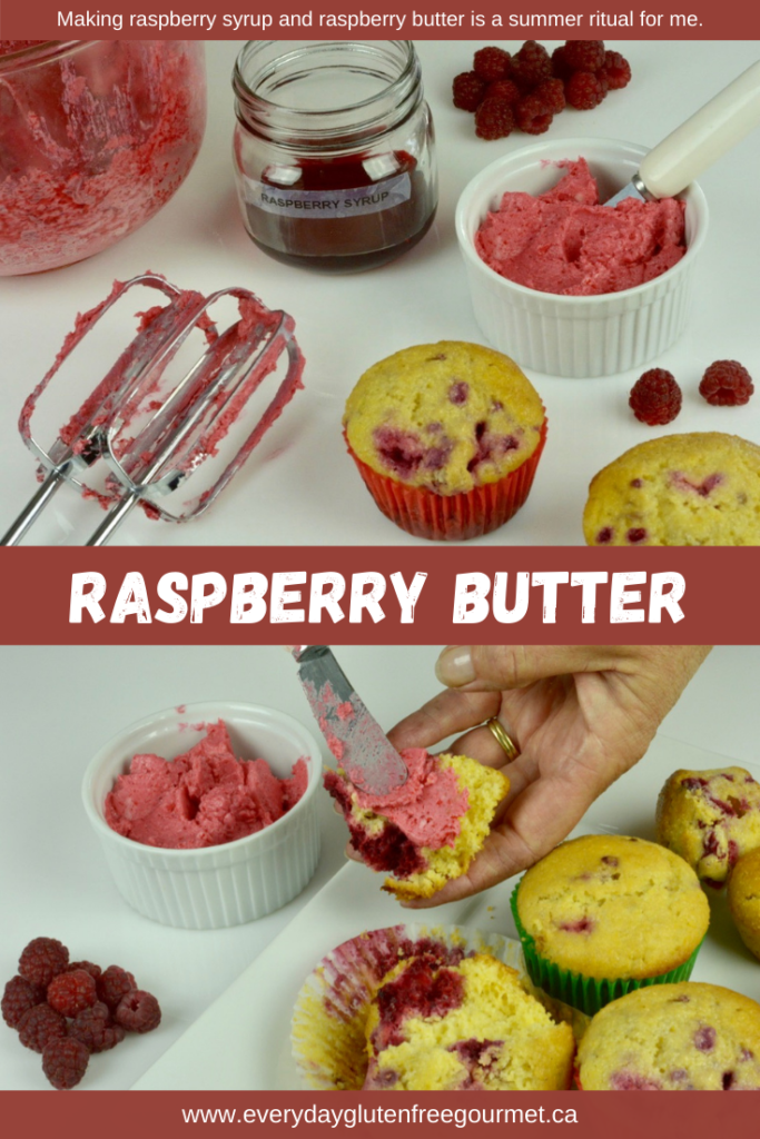 Luscious homemade Raspberry Butter just whipped and being spread on Raspberry Cornmeal Muffins.
