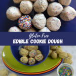 Gluten free edible cookie dough balls with rainbow round sprinkles in the dough.