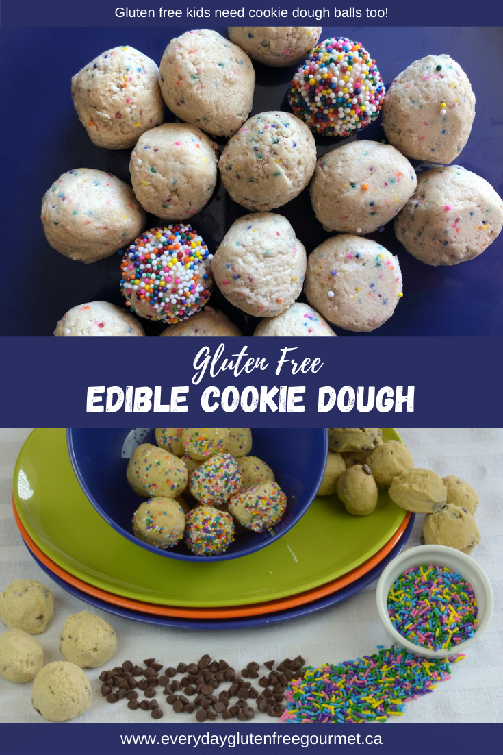 Gluten free edible cookie dough balls with rainbow confetti and some of them are also rolled in the candy sprinkles again.